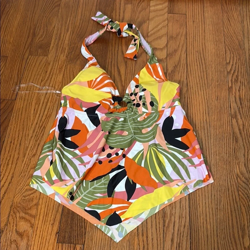 Bar III Women's Ring Tie Halter Tankini Swimsuit green orange‎ Top S NWOT